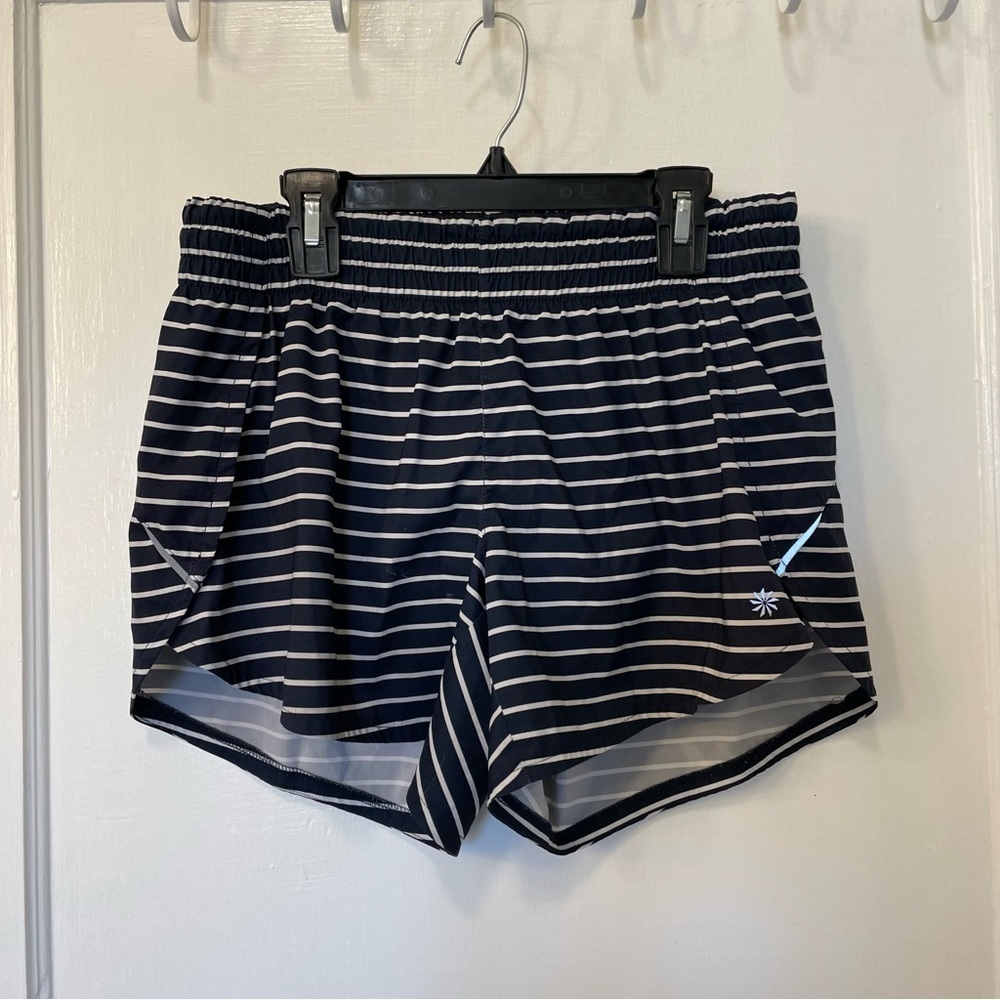 Athleta Racer Run Shorts Navy White Stripe
